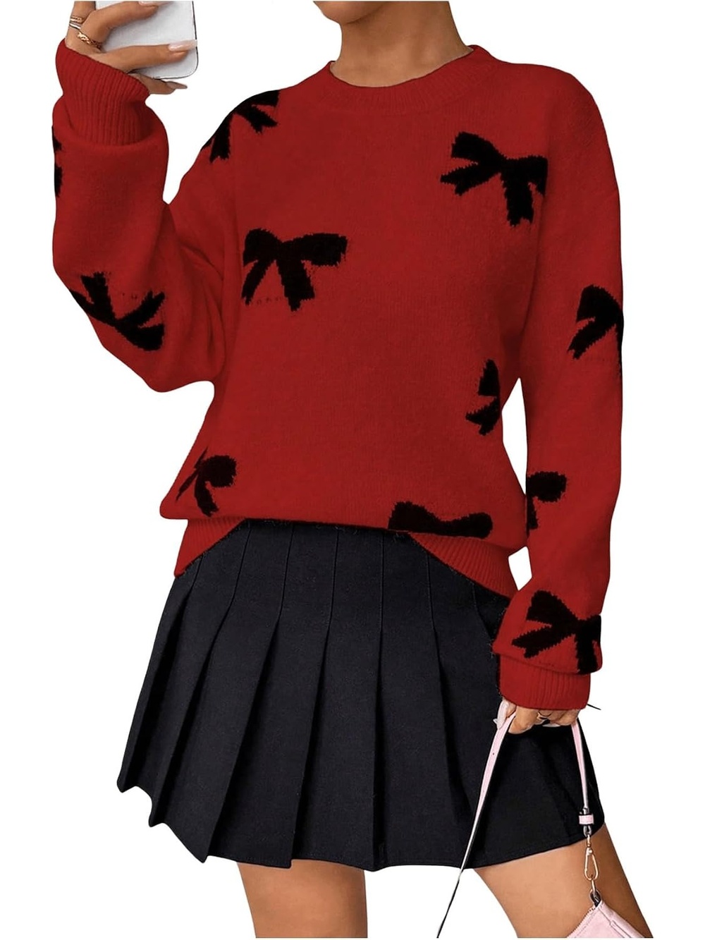 🆕Women's Red Black Long Sleeve Bow Cable Knit Oversized Pullover Sweater